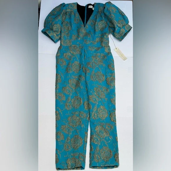 NWT Happy x Nature by Kate Hudson Teal & Gold Brocade Puff Sleeve Jumpsuit - Picture 13 of 15